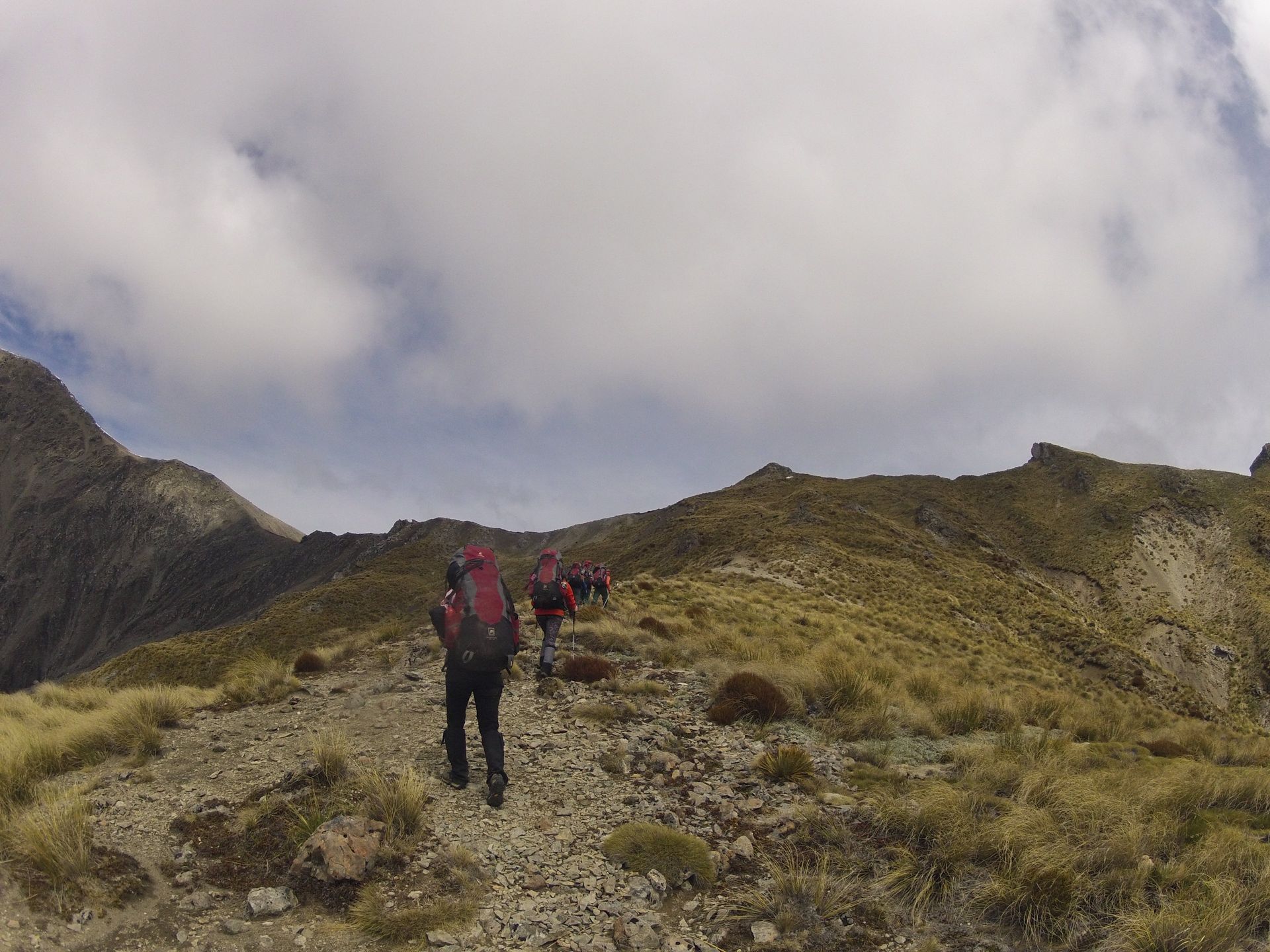 Hikers ascending a grassy mountain slope under a cloudy sky.