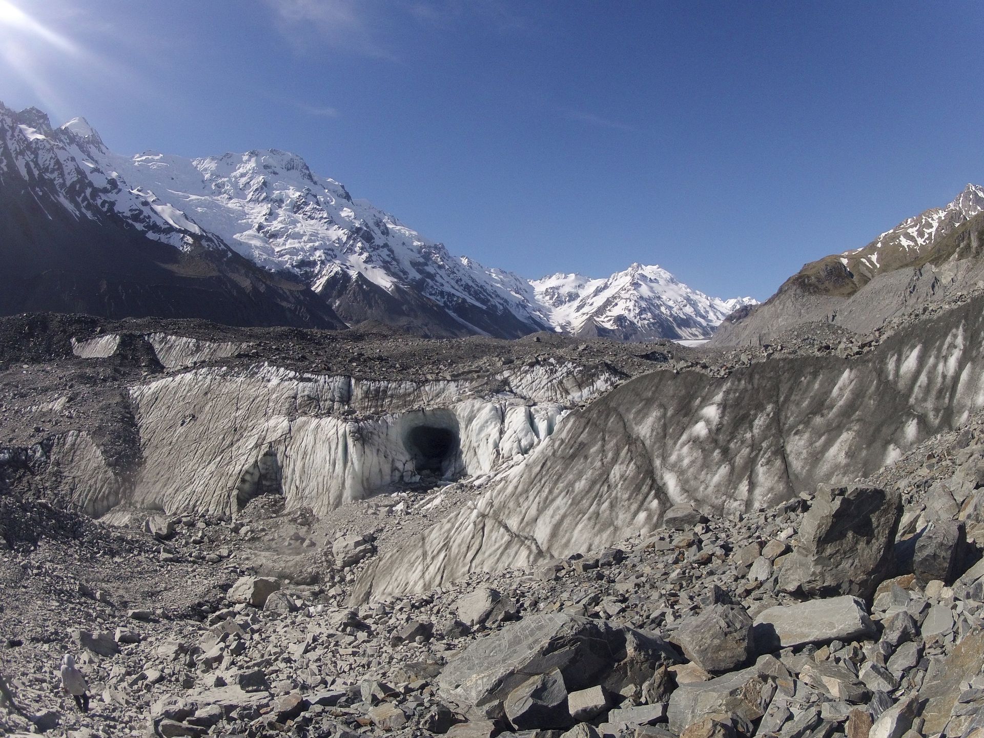 Glacier with cave entrance, rocky terrain, snow-capped mountains under a clear blue sky.