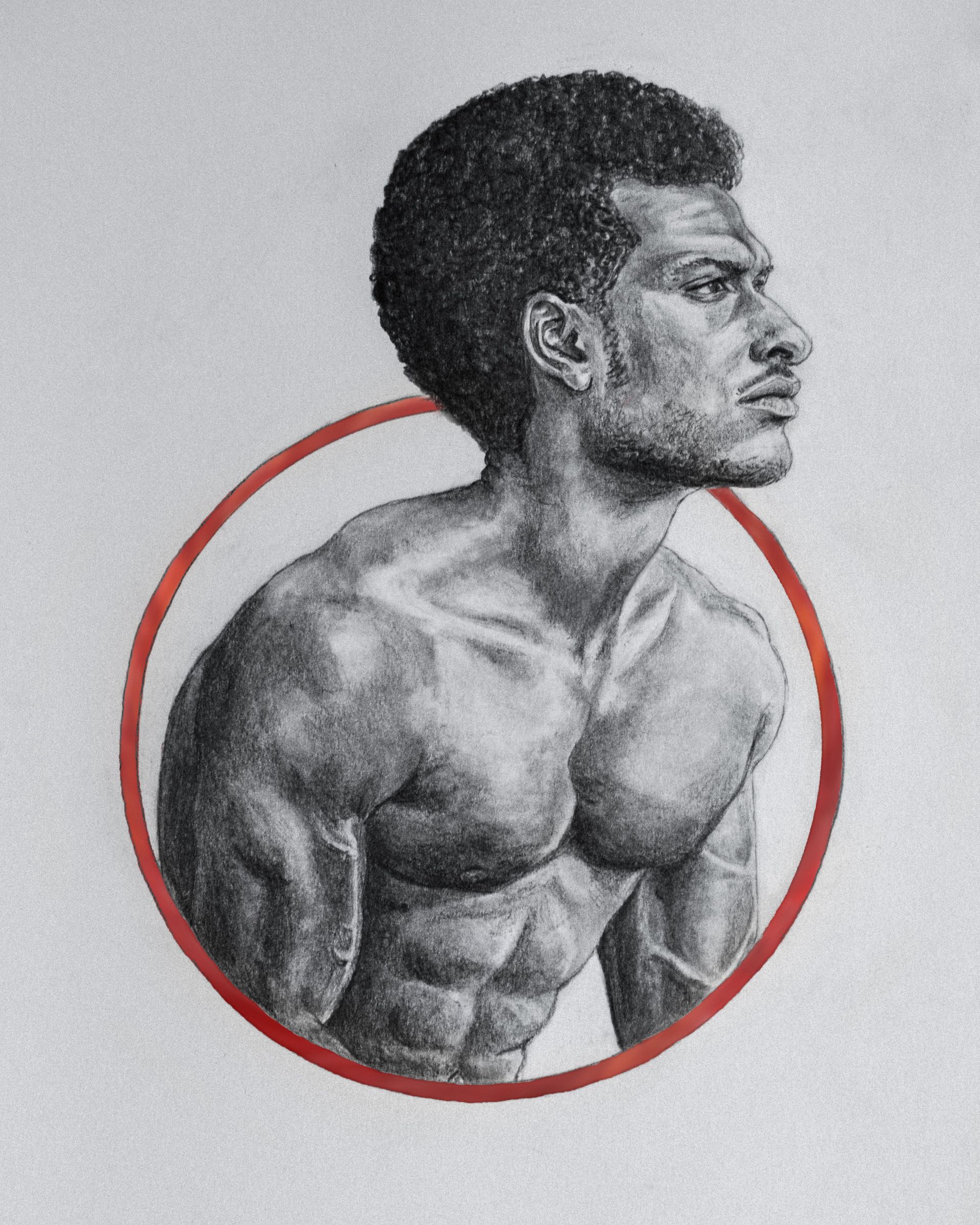 Muscular person with short, dark hair, inside a red circle, looking off-center.