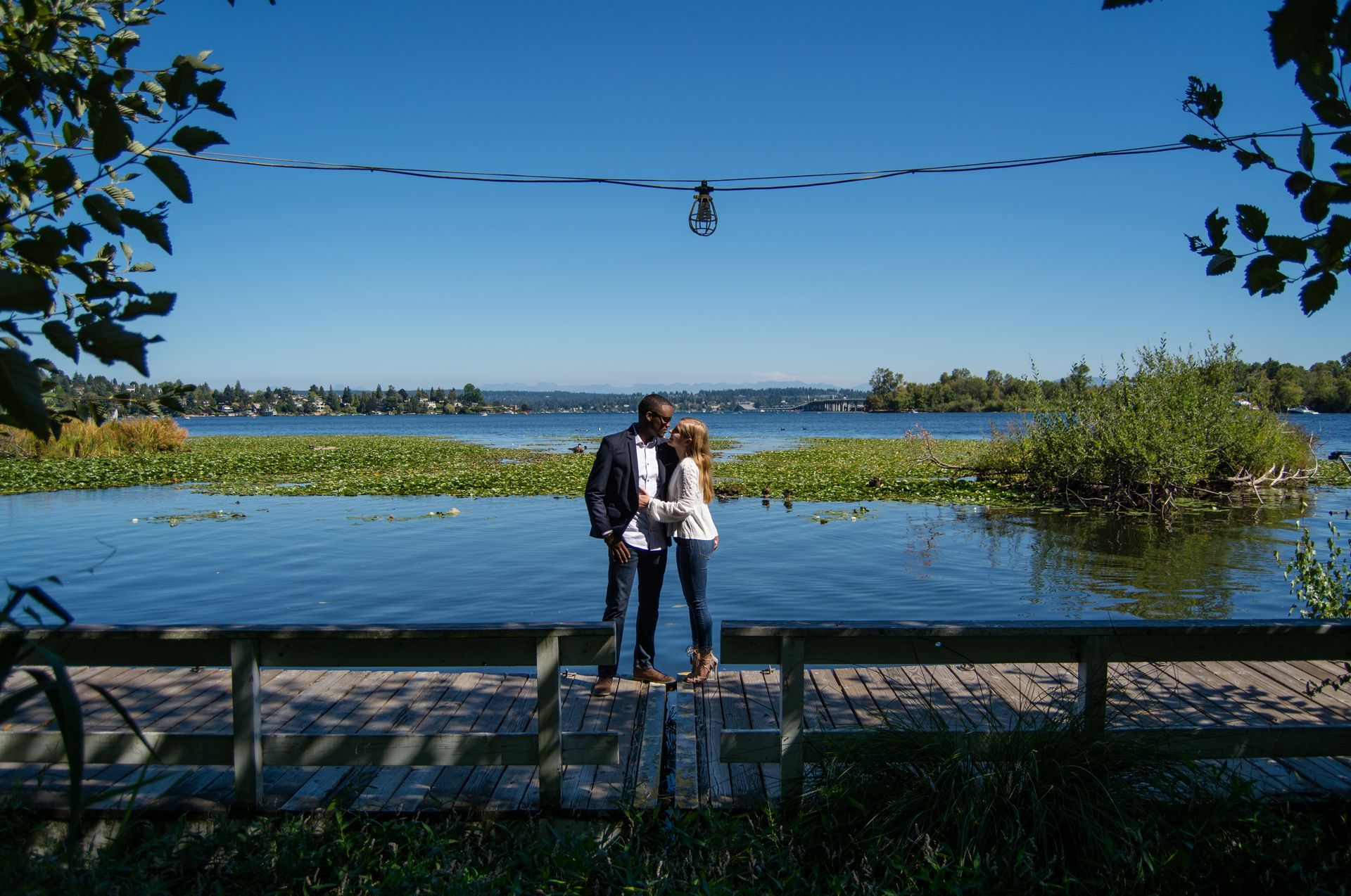 Couple standing on a wooden dock, kissing over a lake with lily pads, on a sunny day.