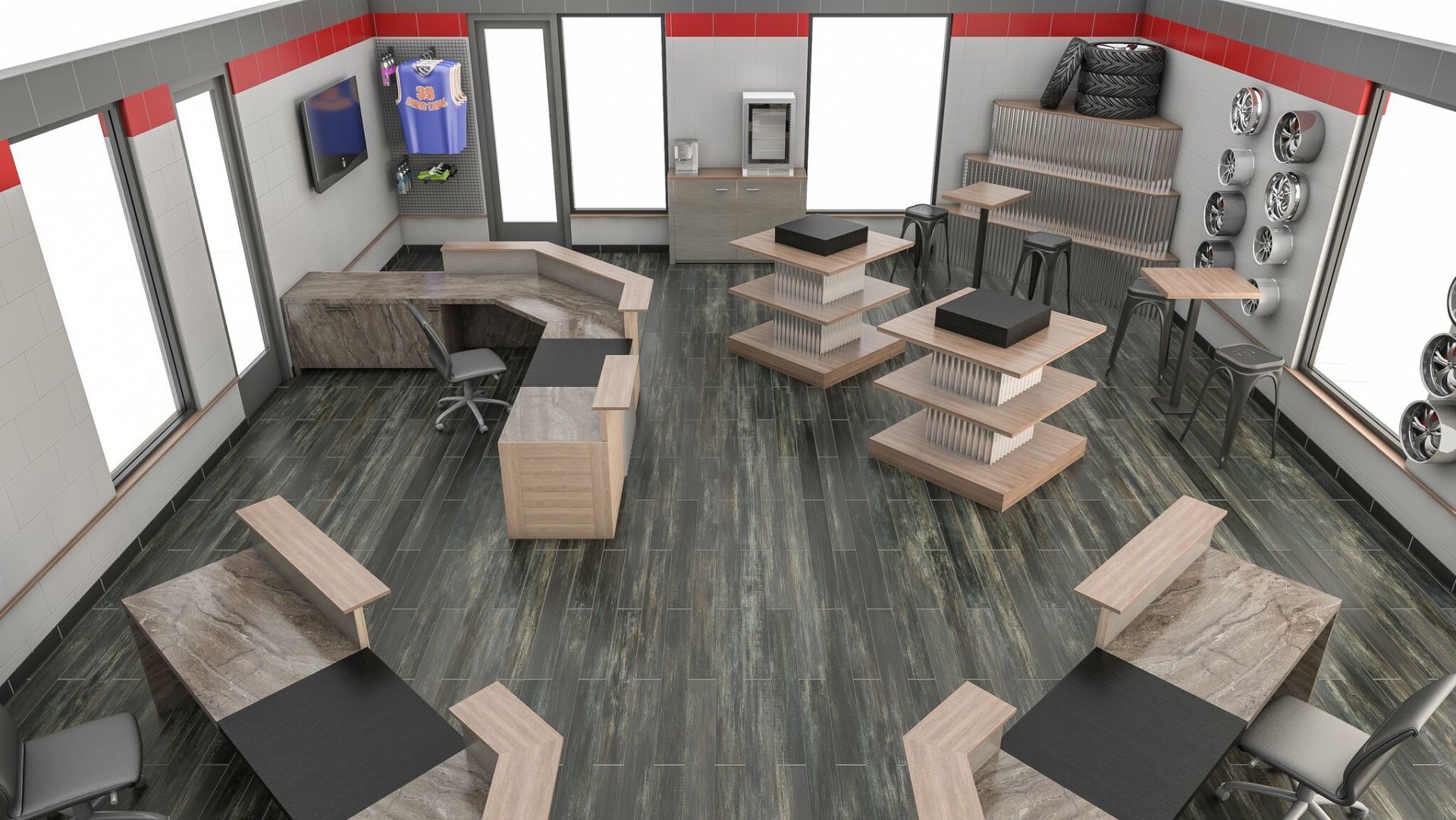 An aerial view of a room with tables and chairs