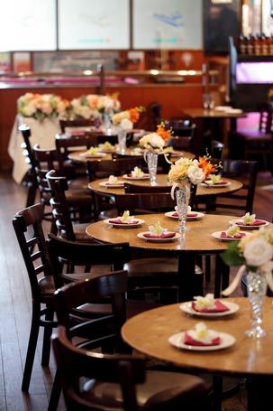 Tables and chairs with flowers on them for a wedding party at a restaurant in Nagoya, Japan.