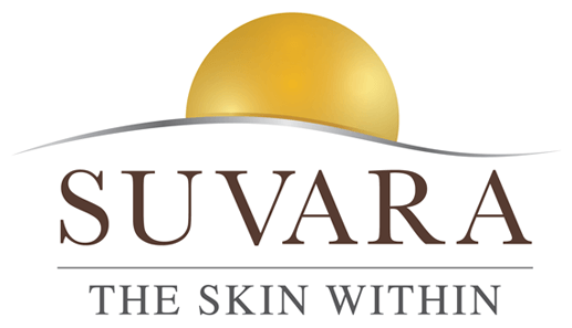 Logo for Suvara skincare with a golden sun, tagline