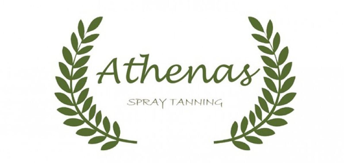 Logo for Athenas Spray Tanning: Olive green laurel wreath encircles the business name in matching script font.