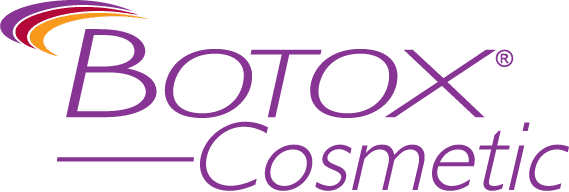 Botox Cosmetic logo in purple, with a stylized upward curved arc in red, orange, and yellow.