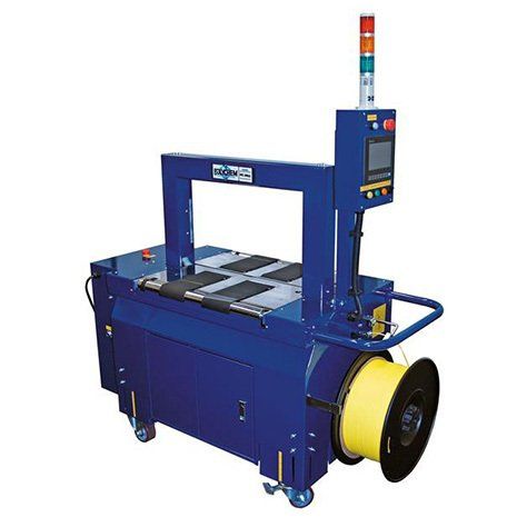 A blue machine with a yellow spool of tape on it.