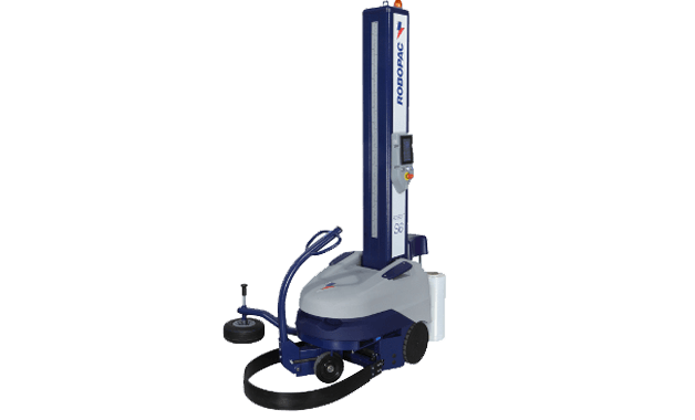 A blue and gray machine is sitting on a white surface.