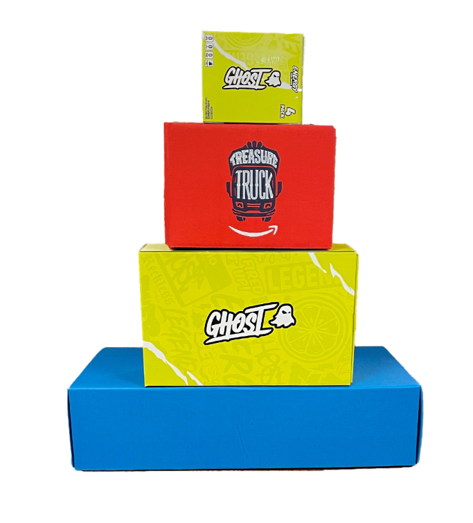 Three boxes are stacked on top of each other with one saying ghost 4