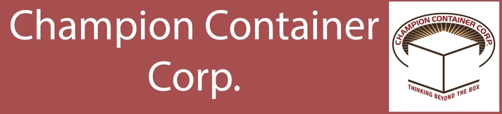 A logo for champion container corp. with a cube in the middle