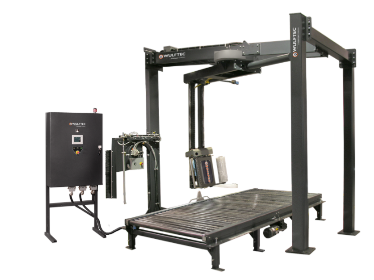 A machine is sitting on top of a conveyor belt on a white background.