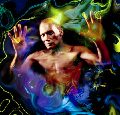 A painting of a shirtless man surrounded by colorful smoke
