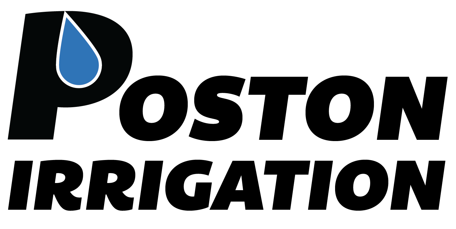 Logo for Poston Irrigation: Black text with blue water droplet in the letter