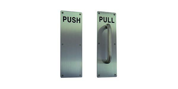 Photo of push and pull door hardware