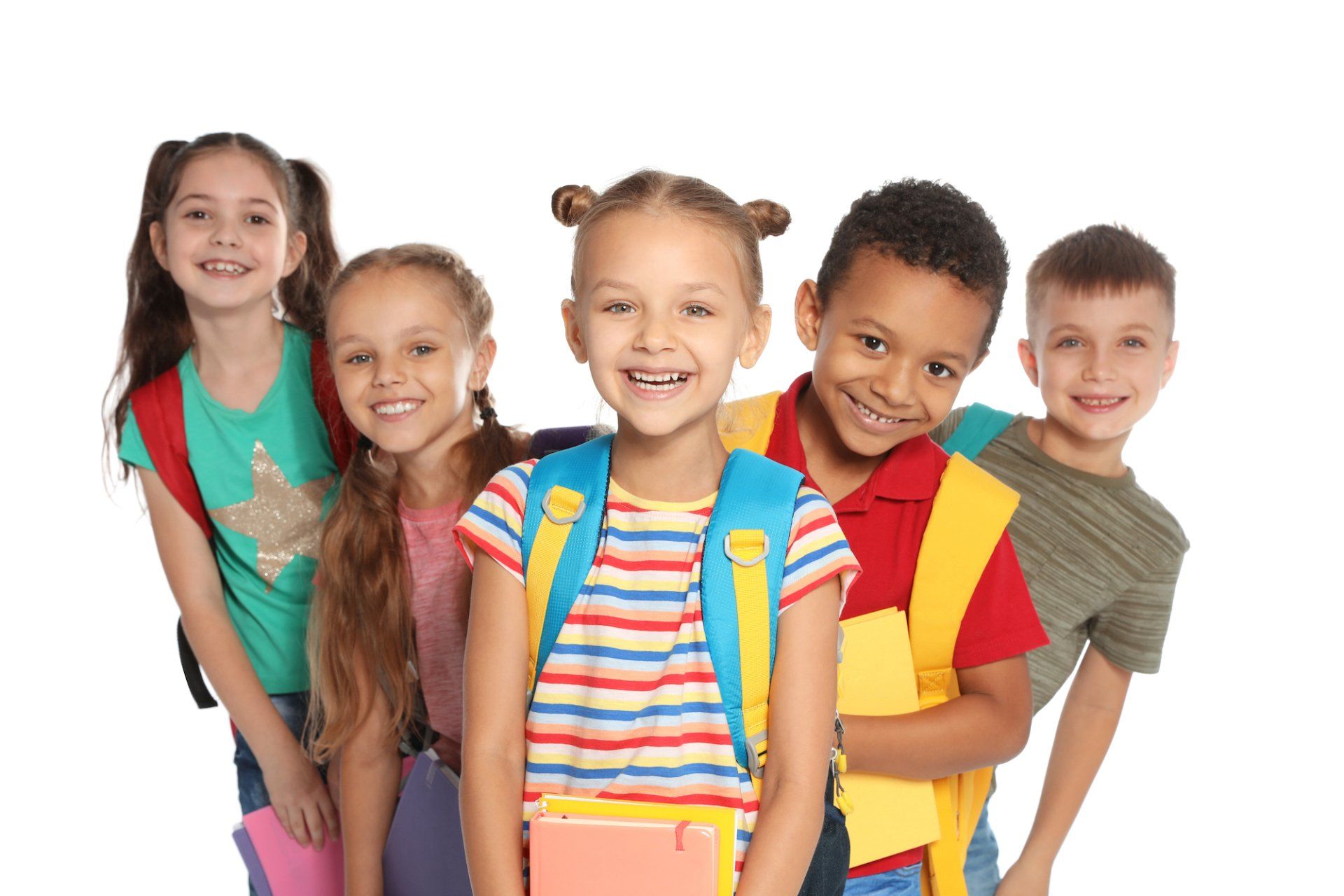 A group of children standing next to each other on a white background.