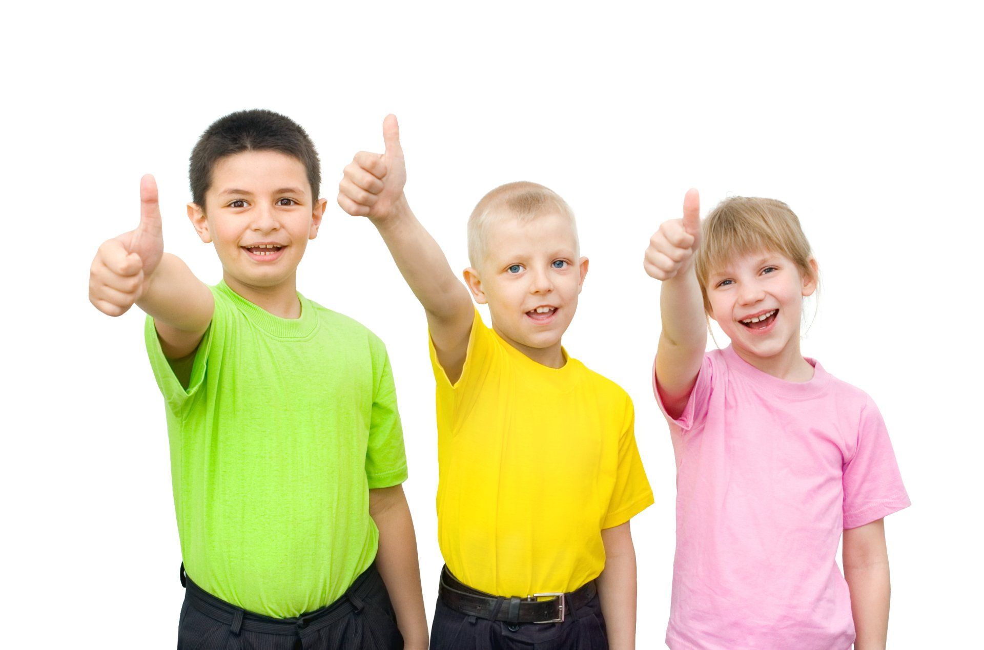Three children in colorful shirts are giving a thumbs up.