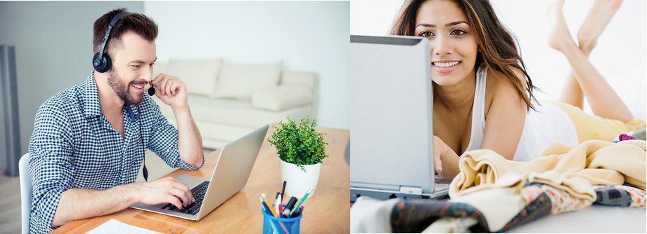 allo speed dating online un uomo seduto alla scrivania con laptop, mentre una donna è sdraiata su un letto e usa un laptop