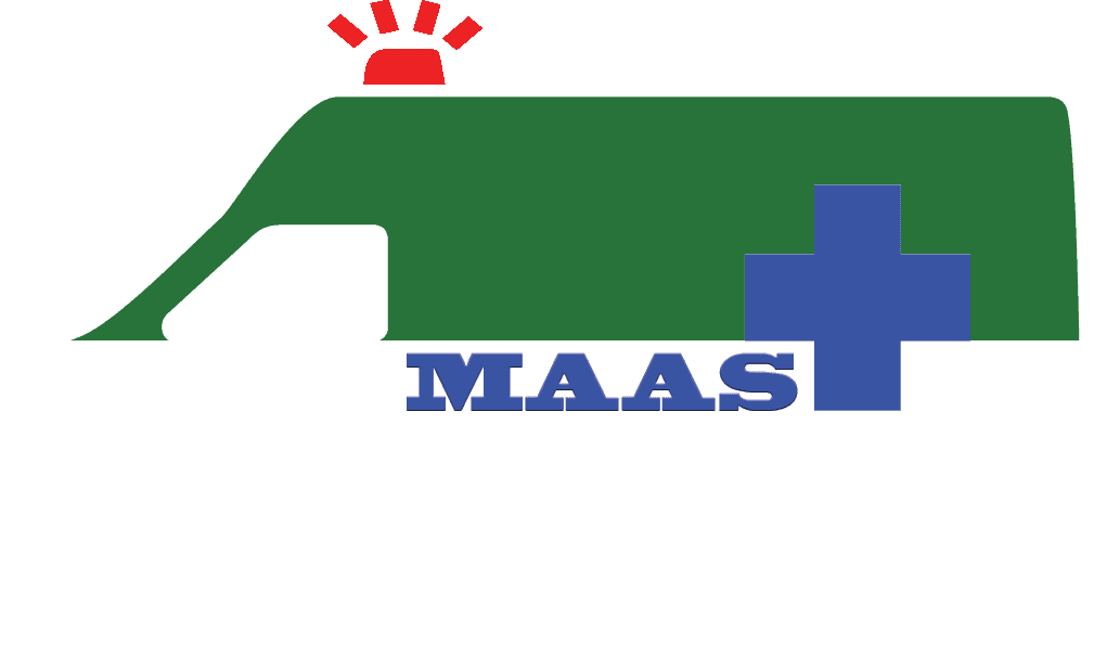 MAAS logo with green shape, blue medical cross, and red sunburst above text