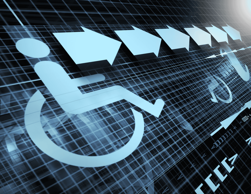 Blue wheelchair accessibility icon with directional arrows on a digital grid background