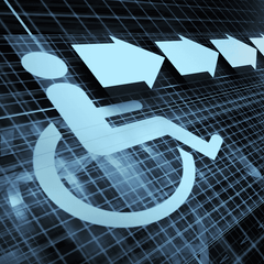 Blue accessibility wheelchair icon on a digital grid background with directional arrows