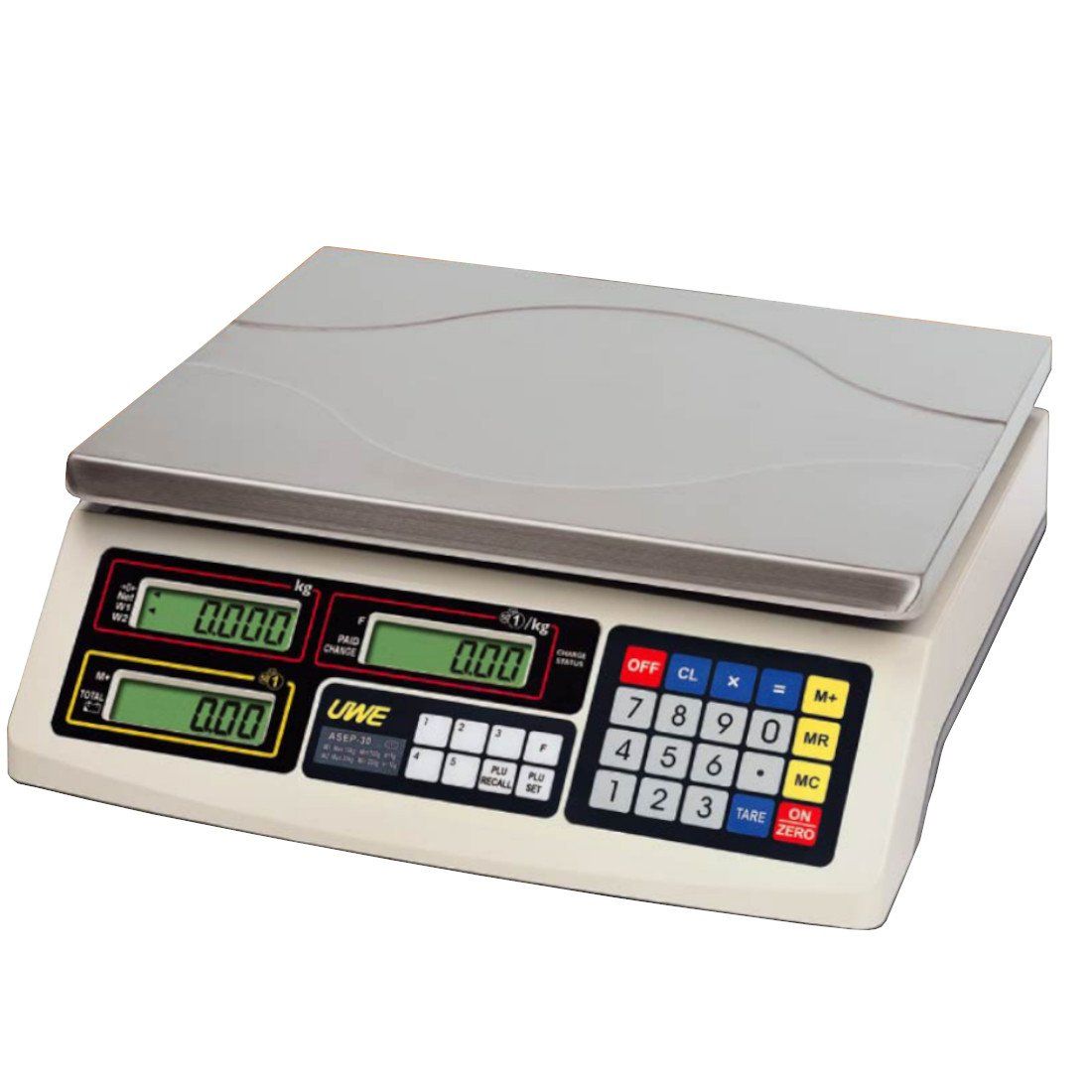 Butcher weighing beef steak fillet meat on digital scales behind traditional counter display wearing butchers coat and apron