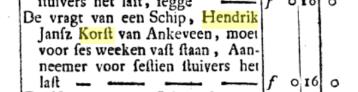 Een Nederlands krantenknipsel met zwarte tekst en een geel gemarkeerde naam, weergegeven naast een gedrukte kolom.