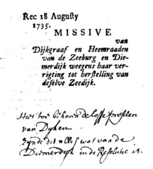Zwart-wit scan van een oude Nederlandse brief met handgeschreven aantekeningen en gedrukte tekst over een dijkcommissie.