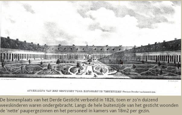 Ets van een lange zuilengalerij met veel kleine figuren en een Nederlands onderschrift eronder.