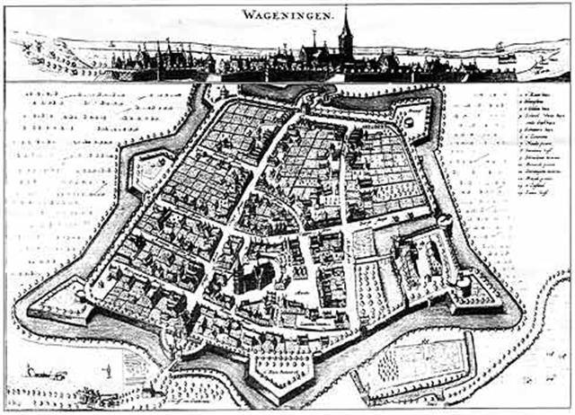 Historische zwart-witkaart van Wageningen met vestingmuren, straten en aangegeven bezienswaardigheden.
