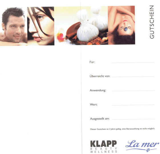 Geschenkgutschein mit Spa-Motiven für Schönheitsbehandlungen.