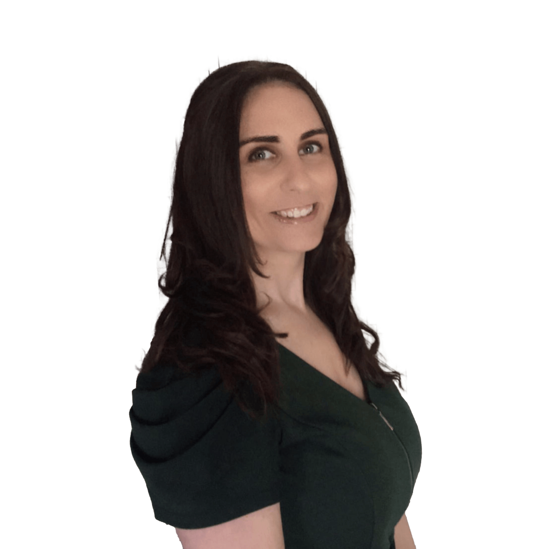 A woman with long dark hair is wearing a green shirt and smiling.