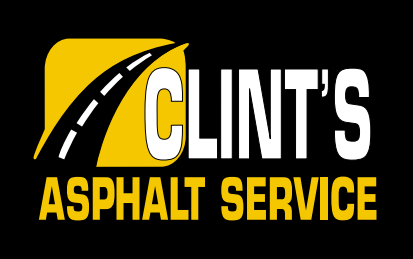 Clint’s Asphalt Service logo with black road graphic on a yellow and black background