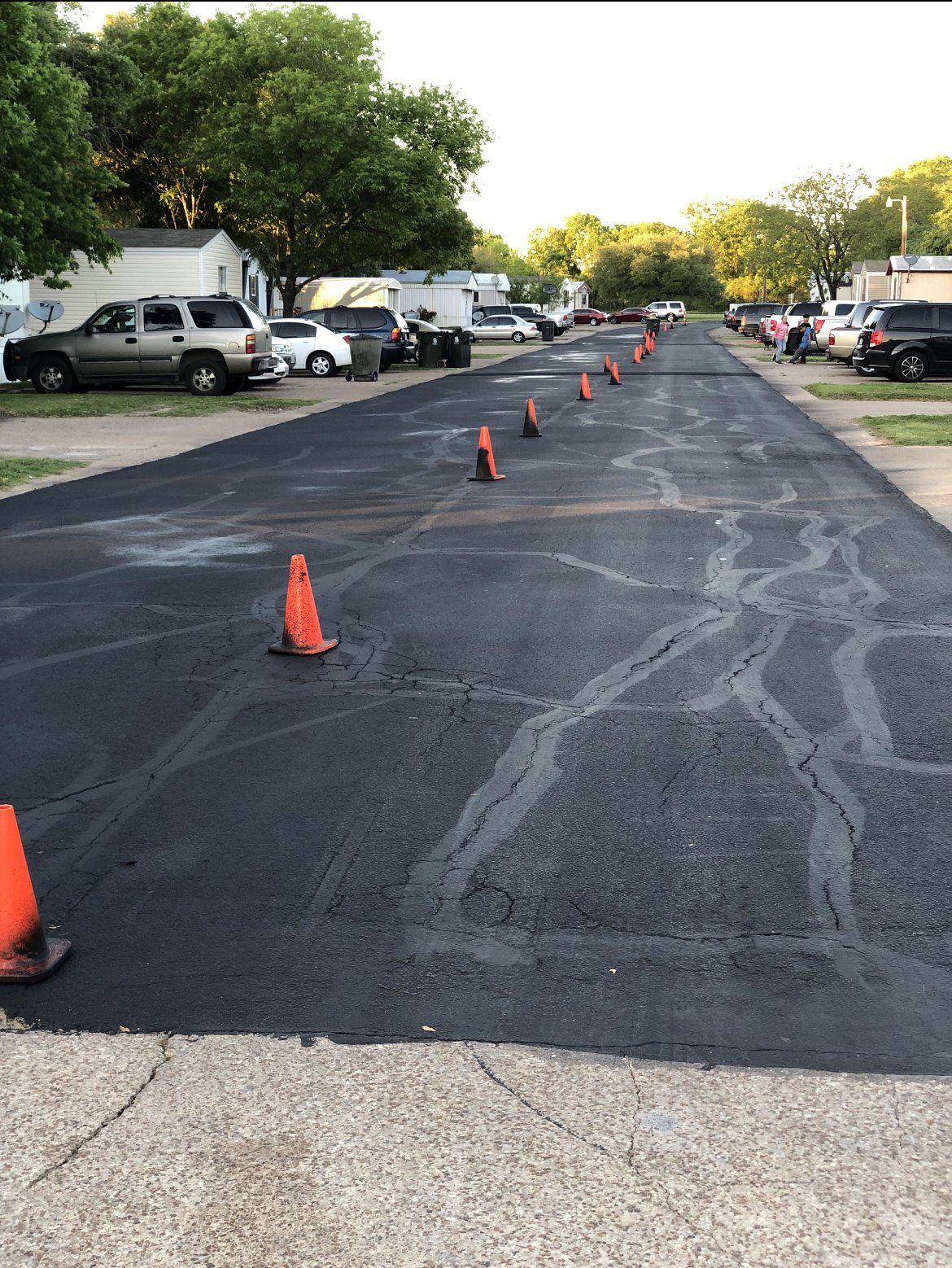 Cone-marked freshly paved parking lot lane with parked cars and trees on both sides