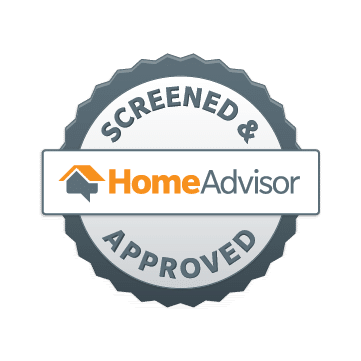 HomeAdvisor “Screened & Approved” badge in gray, white, and orange