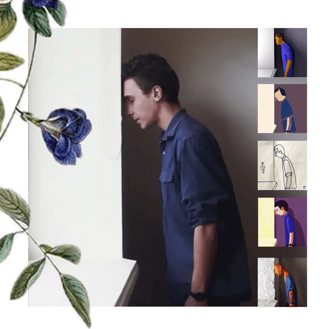 Man leans his head against a wall. A blue flower and variations of the image are to the left and right.