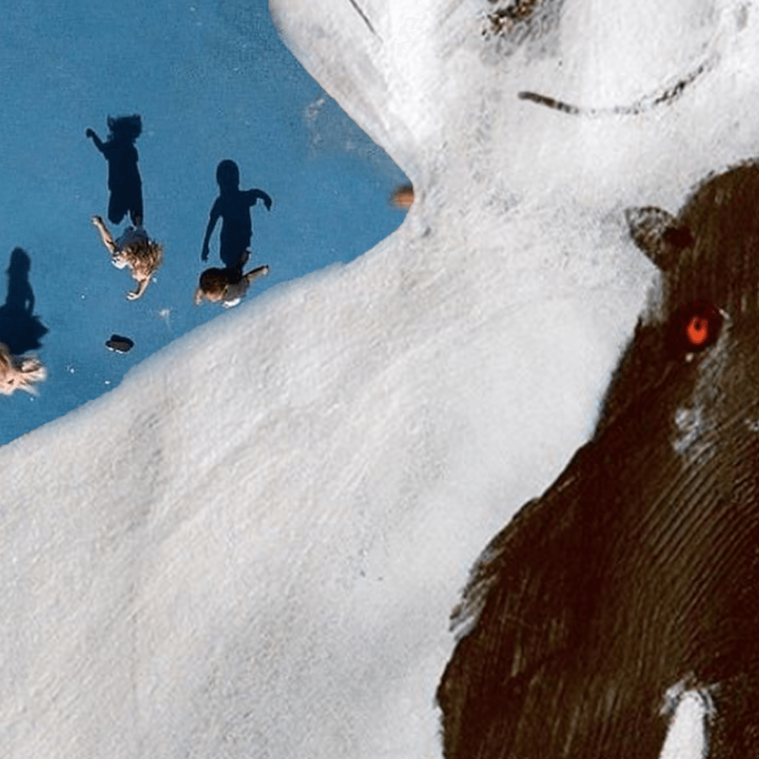 Children near a large, dark shadow with a glowing red eye, on a light-colored surface with blue.