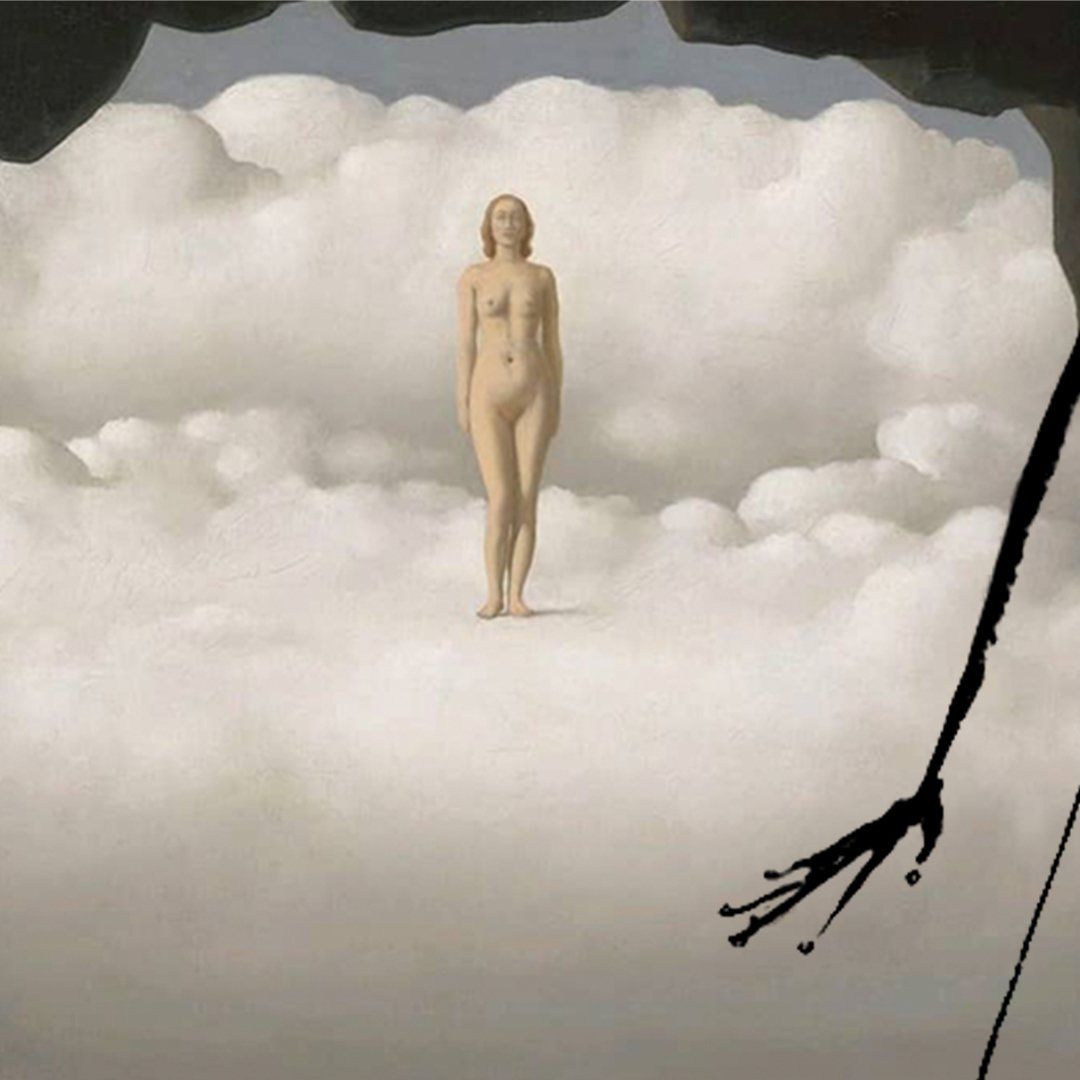 Nude woman stands on a cloud against a cloudy sky. Black ink drips from the top right and bottom right corners.