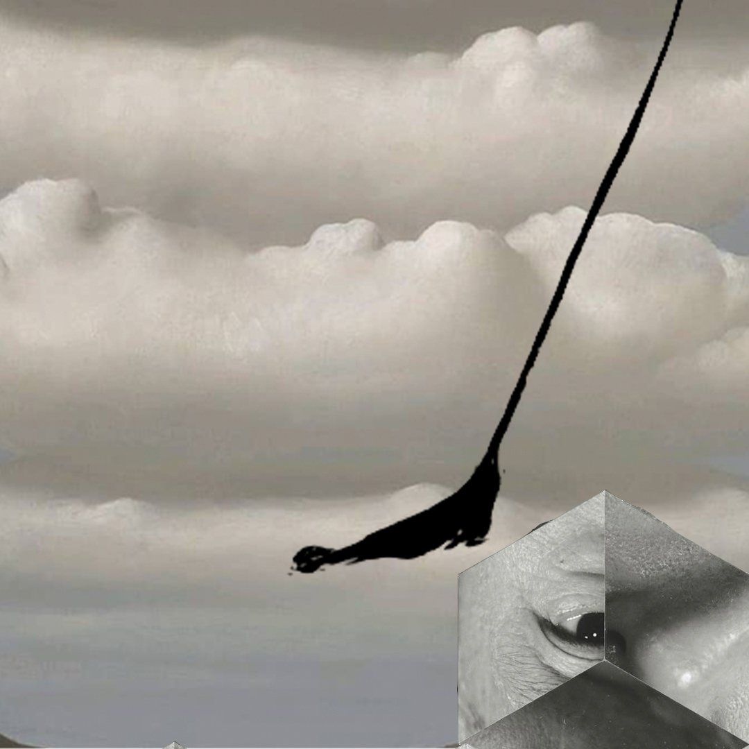 A black, elongated shape hangs above a gray, cuboid structure featuring a human eye against a cloudy sky.