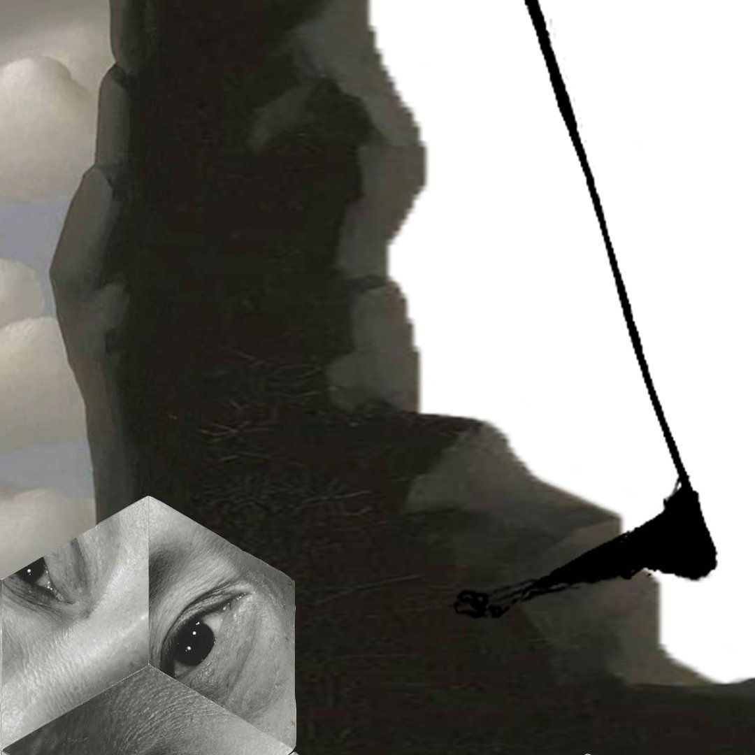 Shadow of a figure swinging, with a fragmented eye montage in the lower left.