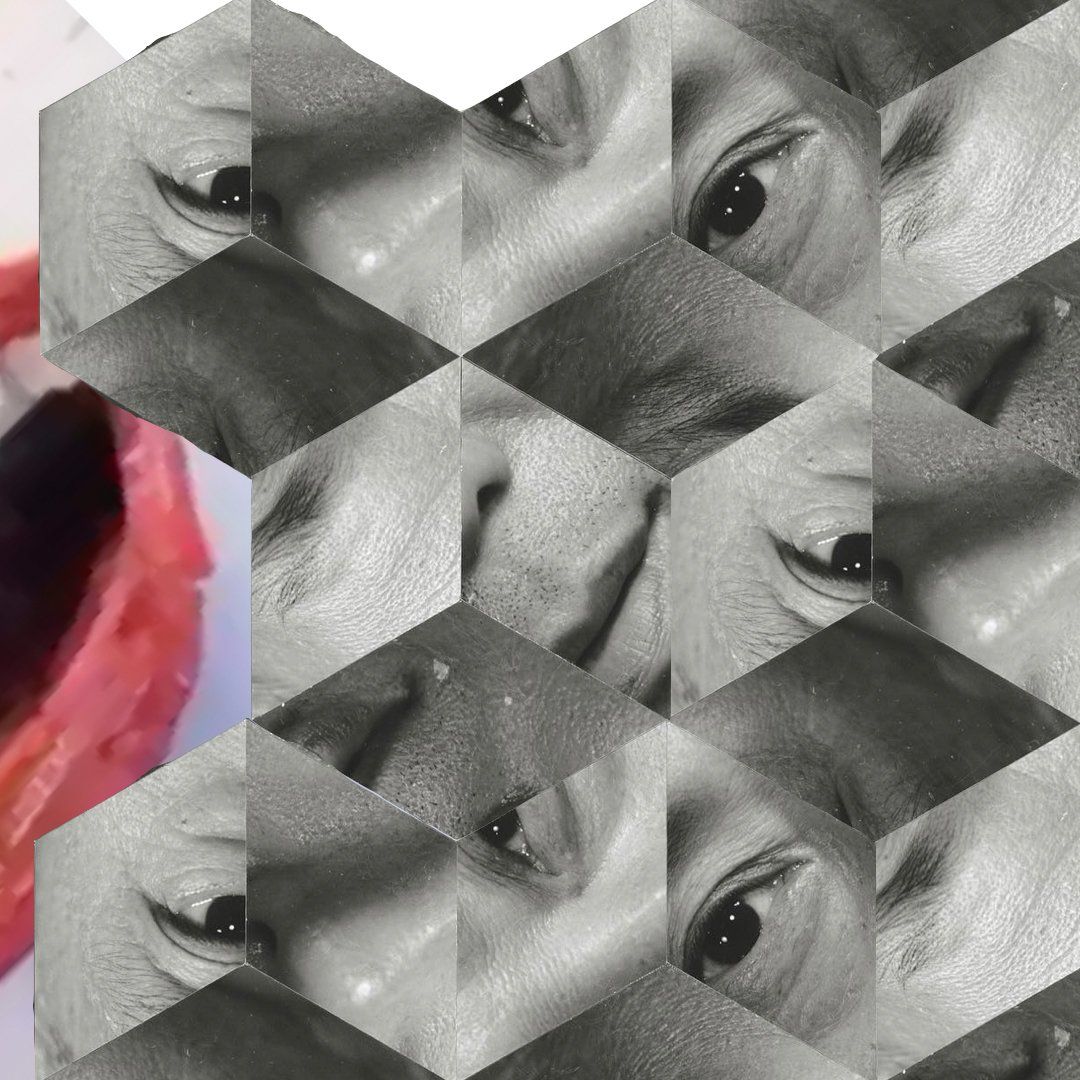Black and white honeycomb mosaic of a person's eye, with a red shape on the left.