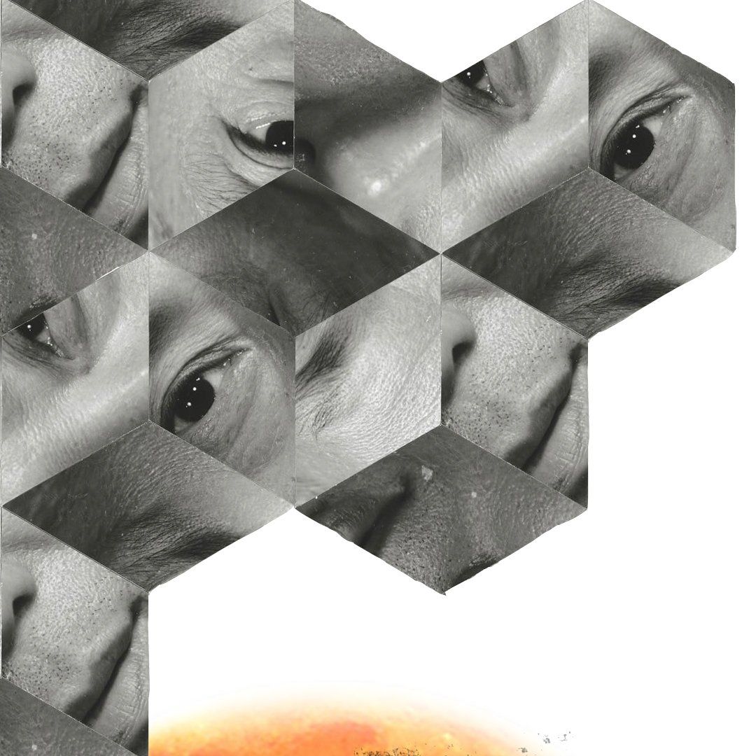 Monochrome hexagonal pattern of human eye details, forming a mosaic with an orange gradient at the base.