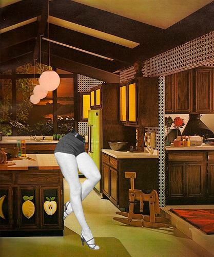 A retro kitchen with a figure’s legs in the foreground. Dark wooden cabinets, round pendant lights, and a view of a sunset.