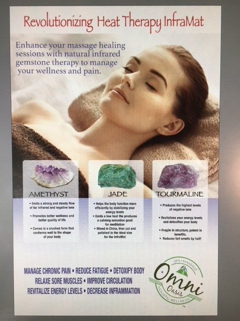 Spa ad for InfraMat heat therapy with woman resting and three gemstone options: amethyst, jade, tourmaline
