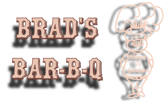 Brad's Bar-B-Q logo with text and cartoon chef outline.