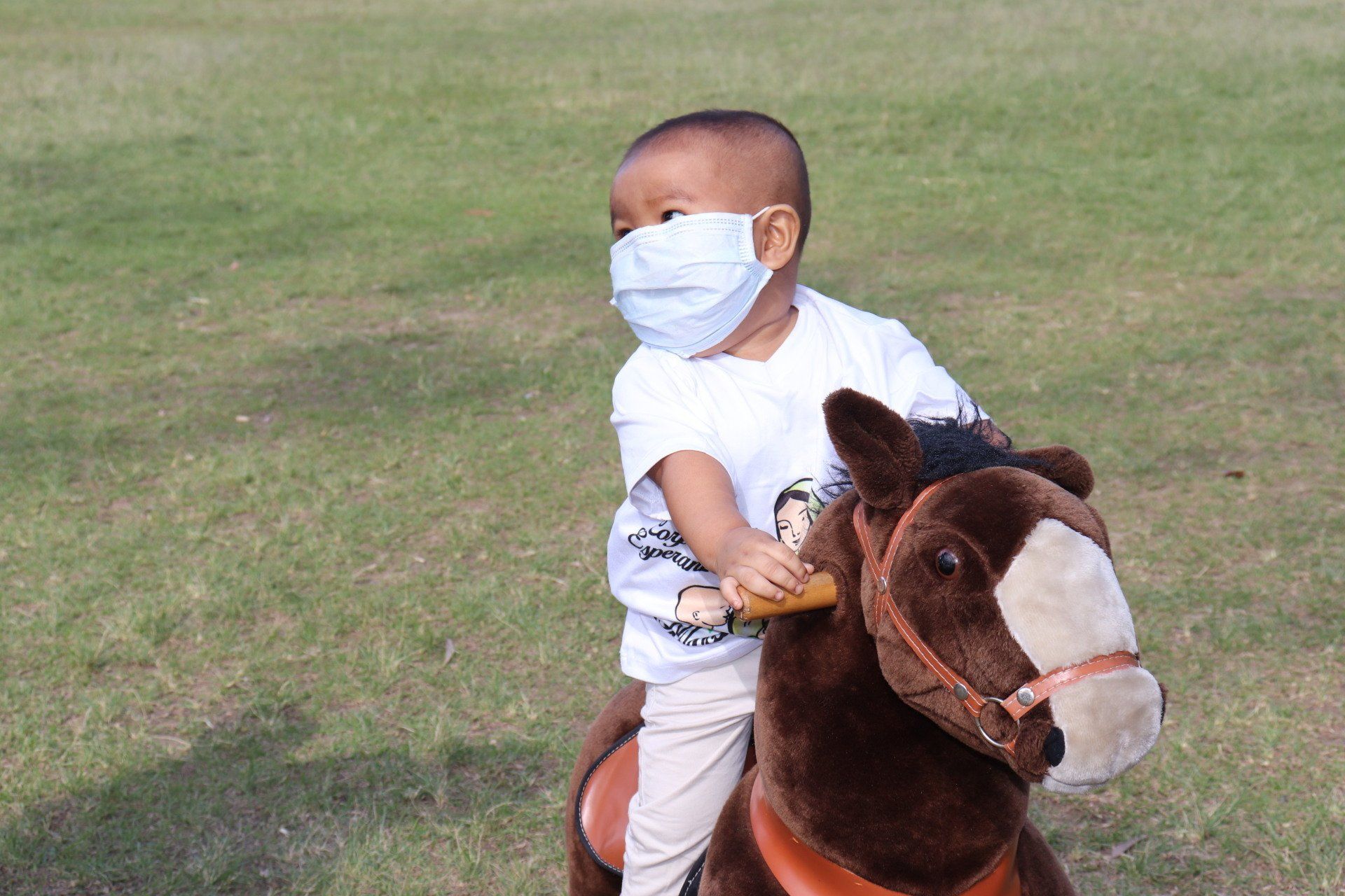 Bebé en un caballo mecedor con una máscara al aire libre en un campo de hierba, mirando hacia un lado.
