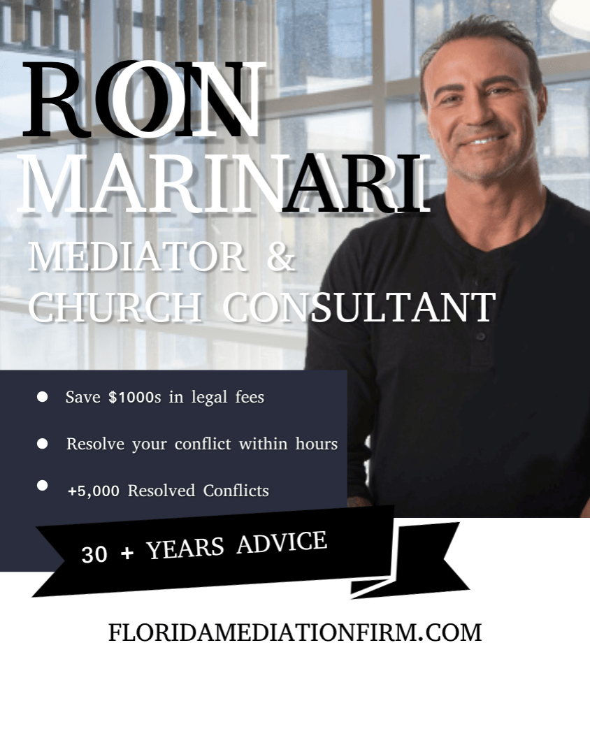 Ron Marinari mediation and church consultant ad with smiling portrait and floridamediationfirm.com
