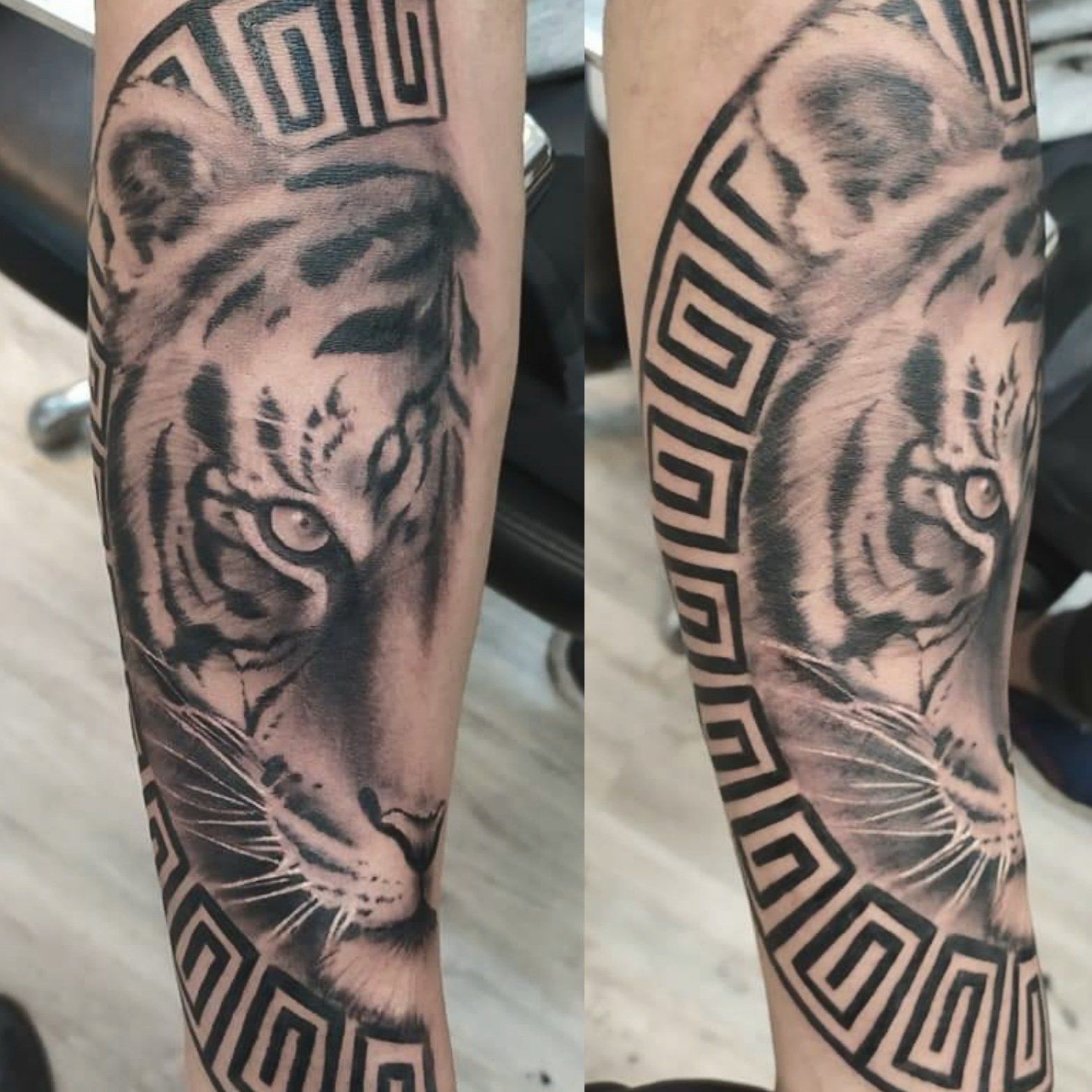 realistischer Tiger mit Ornament Hintergrund im Stil von Louis Vuitton
