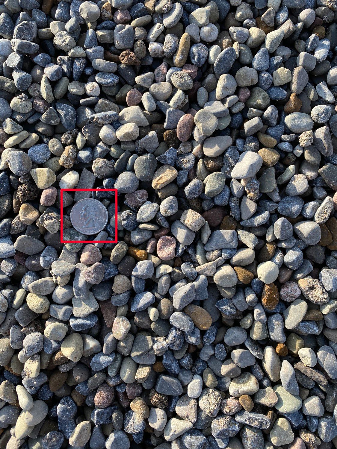 Gravel with a coin (likely a quarter) in the center for size comparison. The gravel is various shades of gray, beige, and brown.