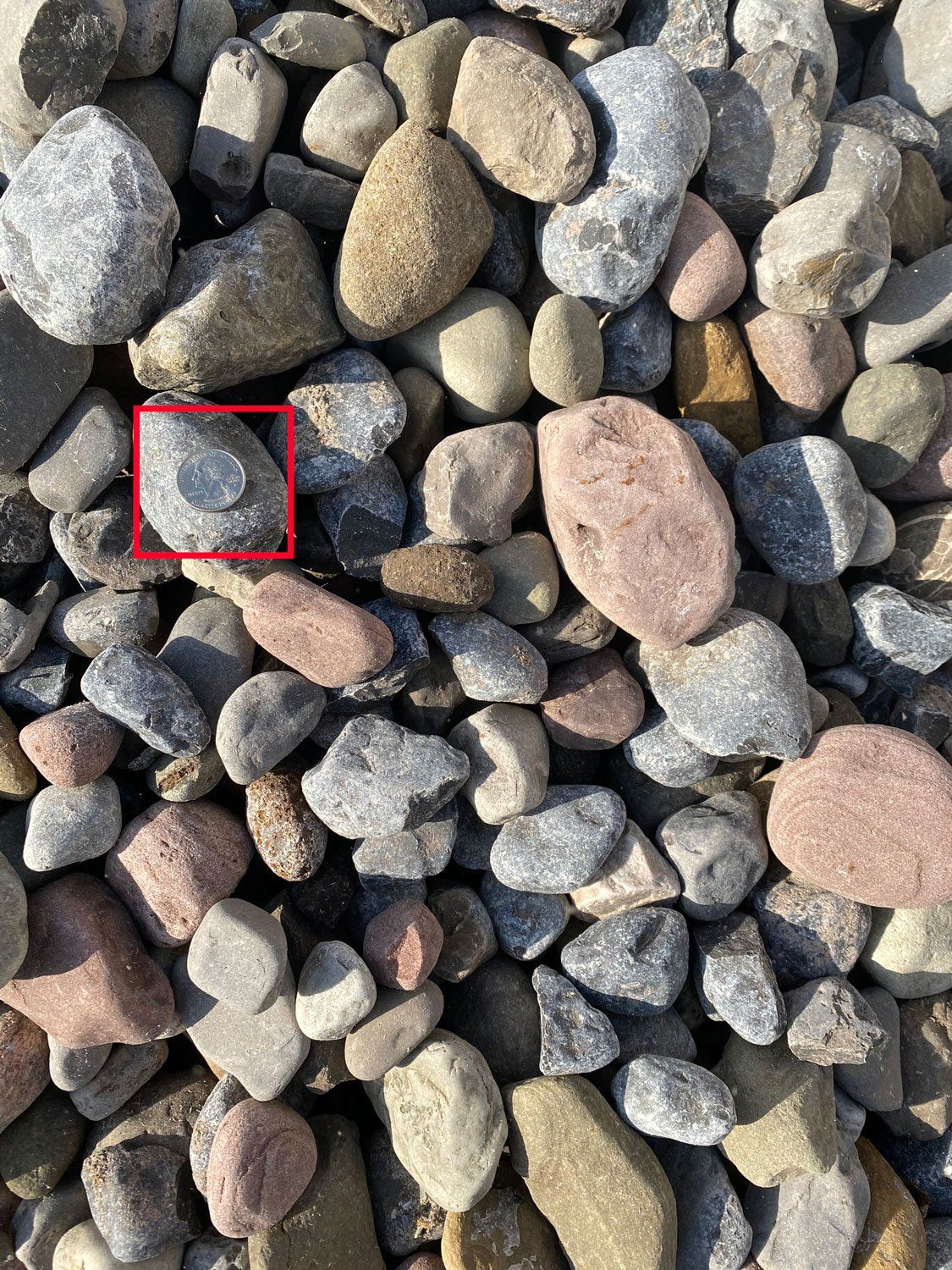 Pile of rocks, a dime sized object in the mix. Variety of colors, some with a frosty texture.