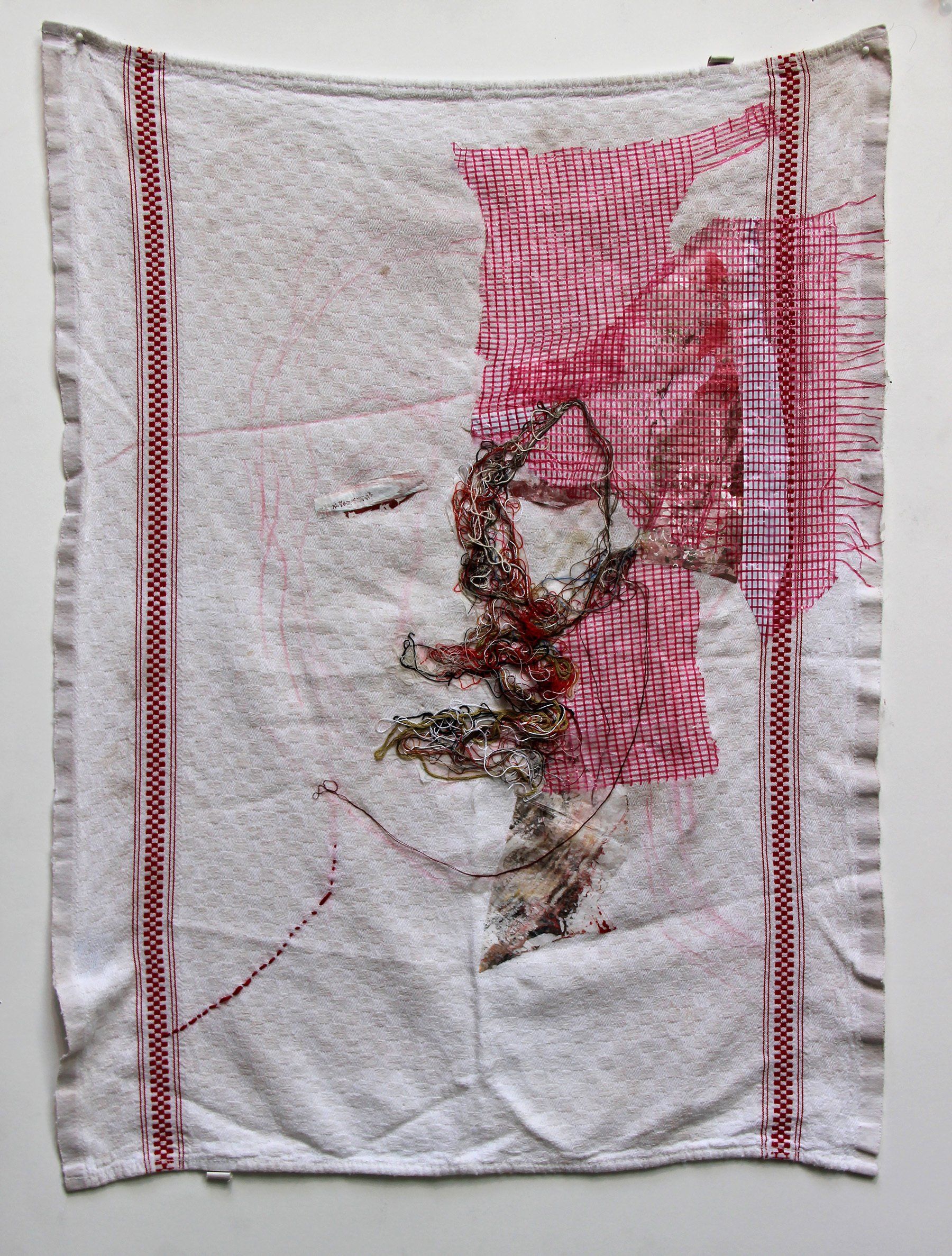 Tangled. 2020, Stitching and collage on kitchen towel, 26