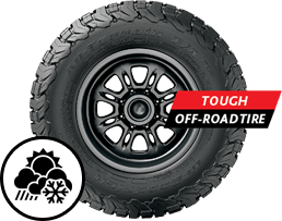 Off-road tire with rugged tread and red label reading “TOUGH OFF-ROAD TIRE”